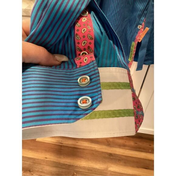 Robert Graham Mens Striped Button Down Shirt Sz 2X Long Sleeve Blue Colorful - Picture 4 of 9